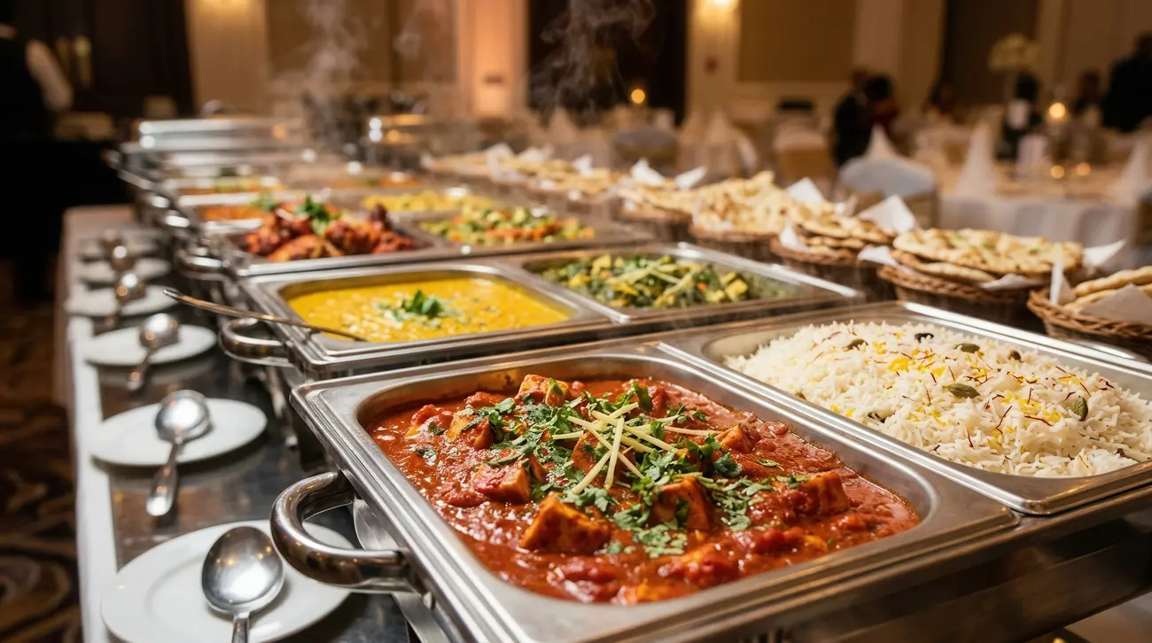 Indian catering buffet with curries, biryani and naan in chafing dishes