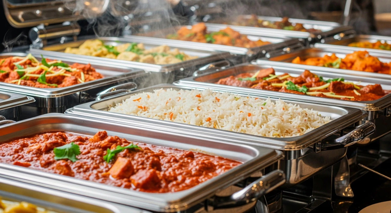 Indian catering buffet with chafing dishes